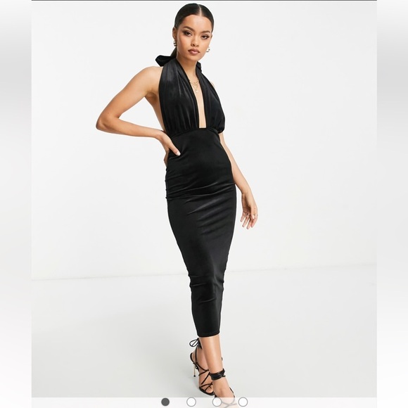NEW! ASOS DESIGN velvet halter cross front midi dress in black US 4. - Picture 1 of 11